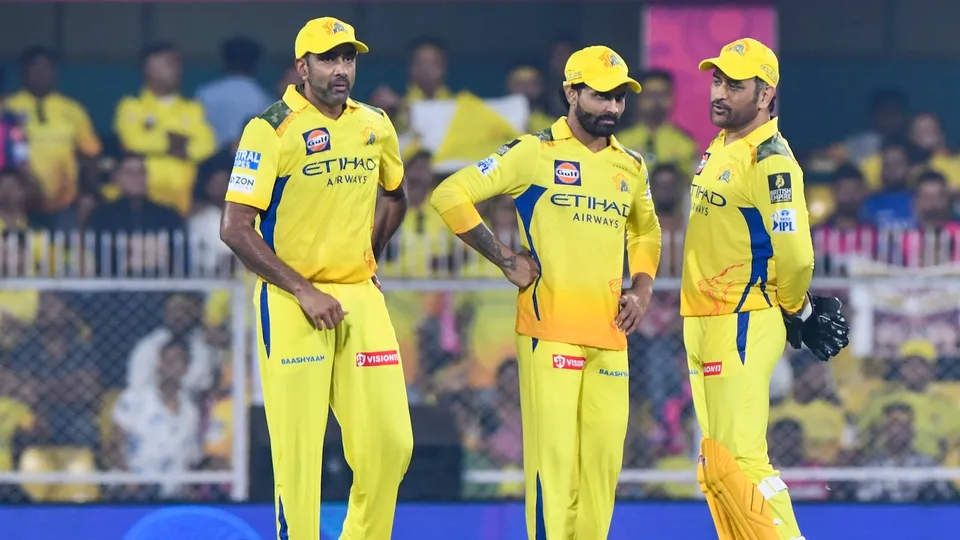 CSK players MS Dhoni, R Jadeja and R Ashwin during an IPL match against Rajasthan Royals at Barsapara Cricket Stadium in Guwahati on Sunday, March 30, 2025.
