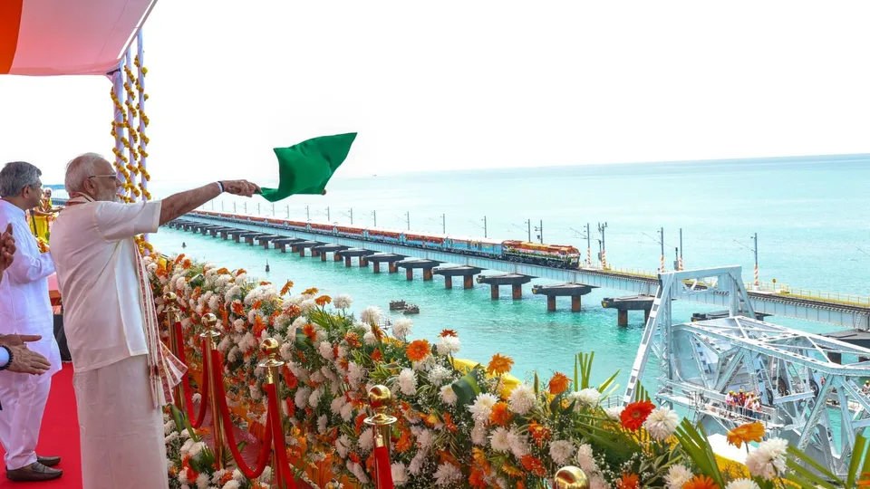 PM Narendra Modi inaugurating Pamban bridge in TamiiNadu.