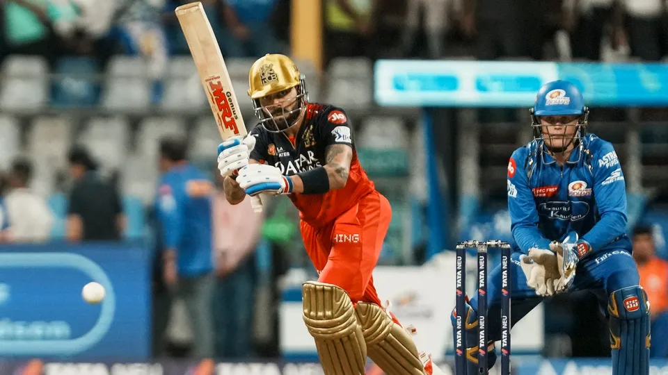 Royal Challengers Bengaluru's Virat Kohli plays a shot during the IPL match against Mumbai Indians at the Wankhede Stadium in Mumbai, Monday, April 7, 2025.