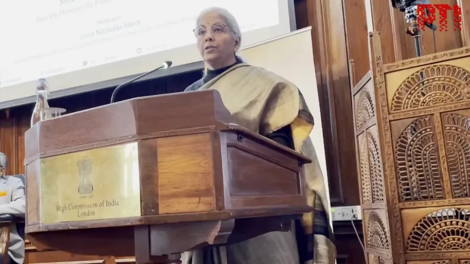Nirmala Sitharaman speaks at the Indian High Commission in London on Tuesday, April 8, 2025.
