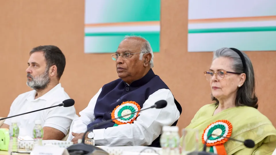 Rahul Gandhi, Mallikarjun Kharge and Sonia Gandhi during the extended Congress Working Committee (CWC) meeting at Sardar Vallabhbhai Patel Memorial in Ahmedabad on Tuesday, April 9, 2025.