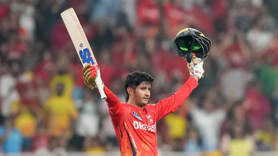 Punjab Kings' Priyansh Arya celebrates his century during an IPL match against Chennai Super Kings in New Chandigarh on Tuesday, April 8, 2025.
