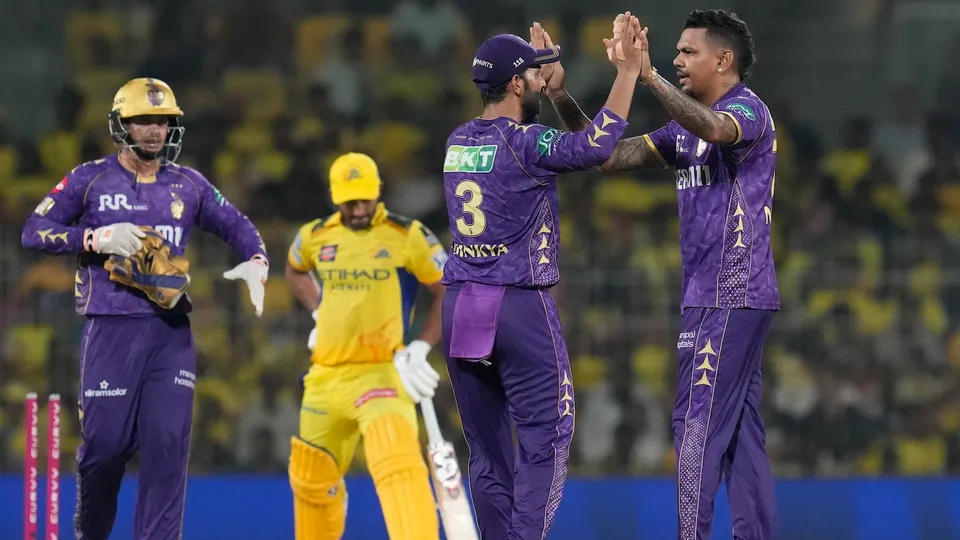 Kolkata Knight Riders’ Sunil Narine celebrates with teammates after taking the wicket of Chennai Super Kings’ Rahul Tripathi at the MA Chidambaram Stadium in Chennai on Friday, April 11, 2025.