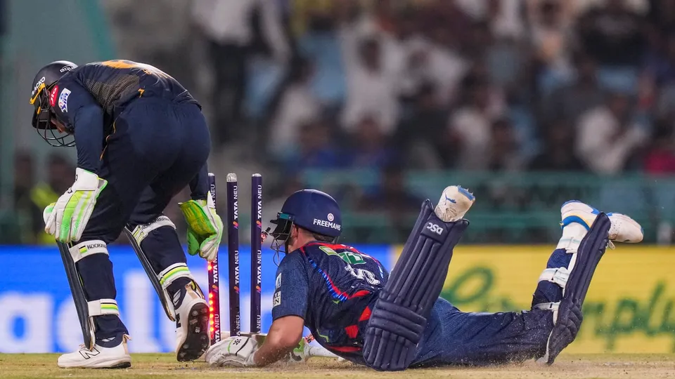 Lucknow Super Giants’ batter David Miller divers to reach the crease during an IPL match against Gujarat Titans in Lucknow on Saturday, April 12, 2025.