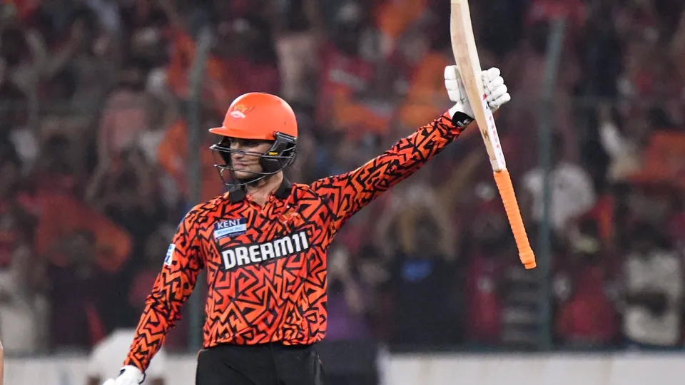 Sunrisers Hyderabad's Abhishek Sharma celebrates his century against Punjab Kings at Rajiv Gandhi International Cricket Stadium Uppal in Hyderabad, Saturday, April 12, 2025.