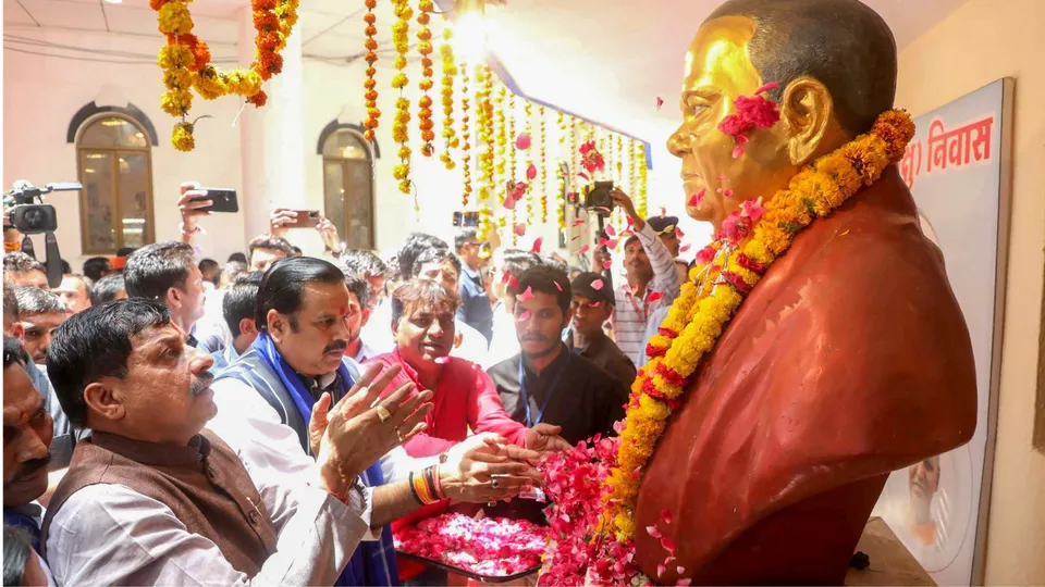 CM Mohan Yadav pays tribute to BR Ambedkar on his birth anniversary, in Ambedkar Nagar, Madhya Pradesh.