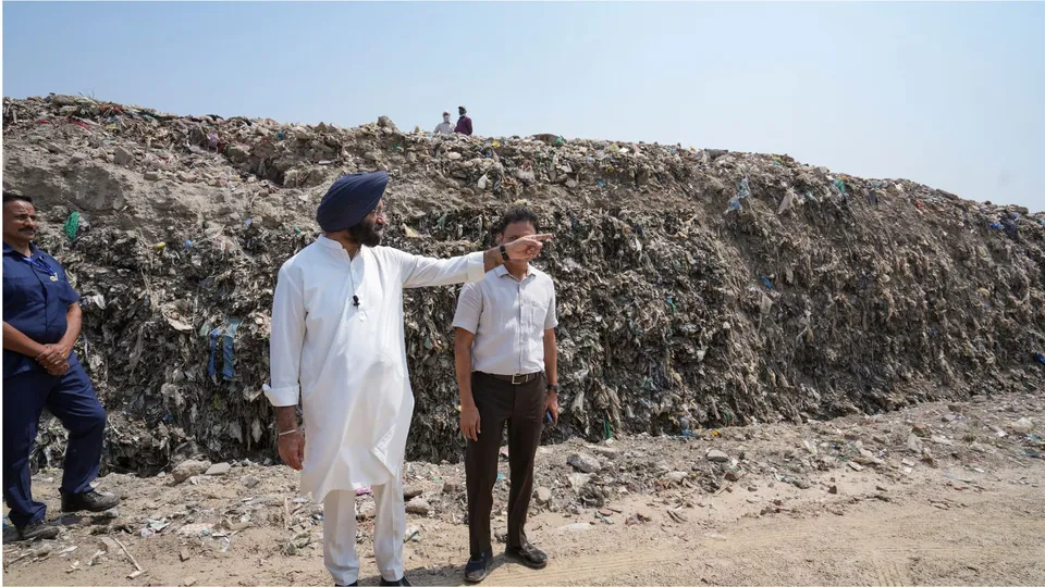Delhi Forest and Environment Minister Manjinder Singh Sirsa during a visit to the Ghazipur landfill site for inspection of the ongoing remediation work among other things, in New Delhi.