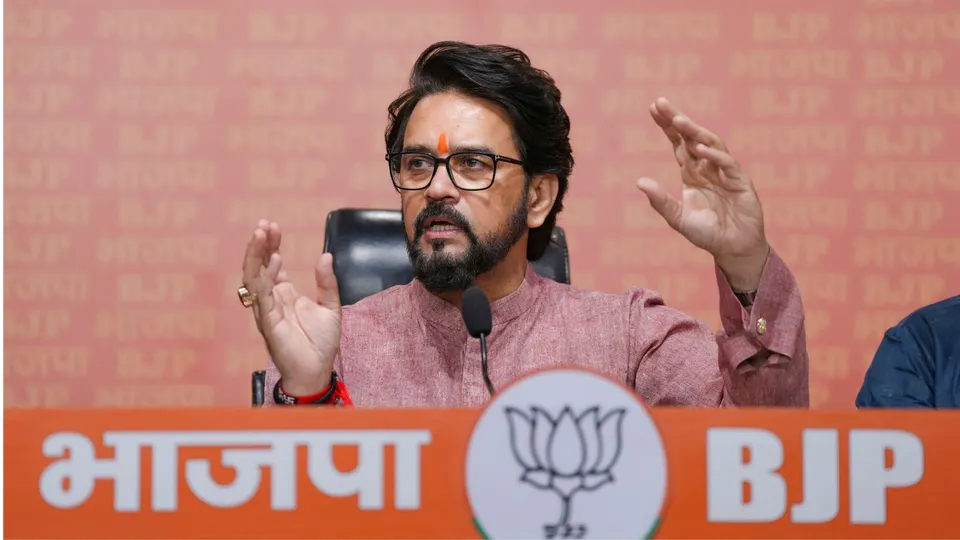 BJP leader Anurag Thakur addresses a press conference at the partys headquarters, in New Delhi.