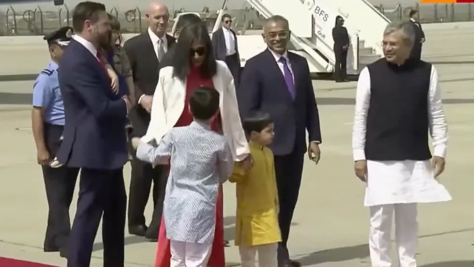 JD Vance and family received by Union Minister Ashwini Vaishnaw in New Delhi on Monday, April 21, 2025.