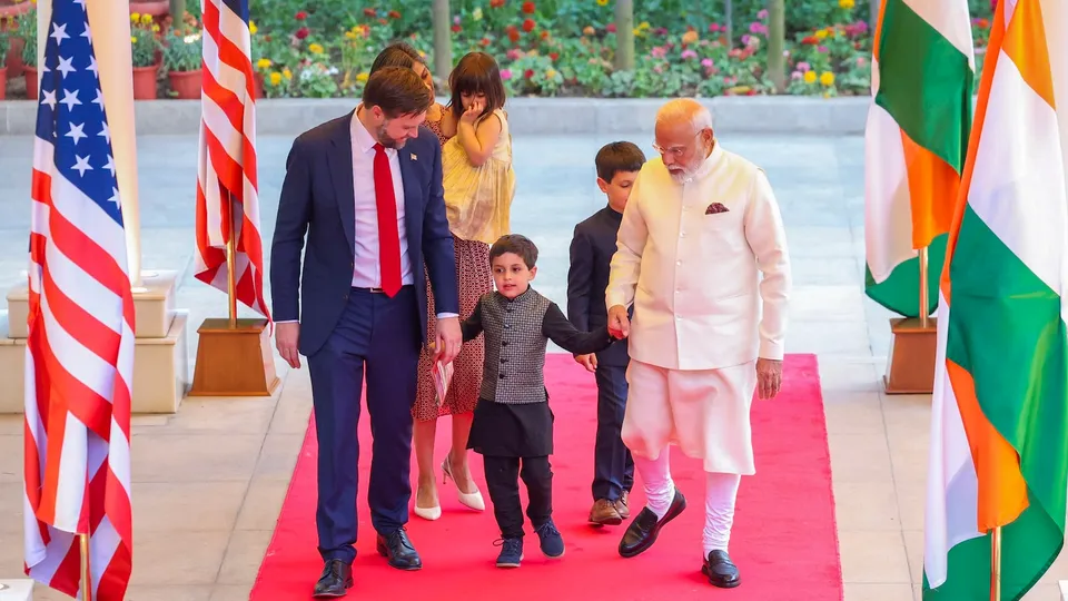 Prime Minister Narendra Modi during a meeting with US Vice President JD Vance, Second Lady Usha Vance and their children in New Delhi on April 21, 2025.