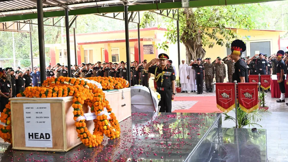 Army Chief General Upendra Dwivedi pays tribute to Naib Subedar Baldev Singh by laying a wreath in New Delhi on Monday, April 21, 2025.
