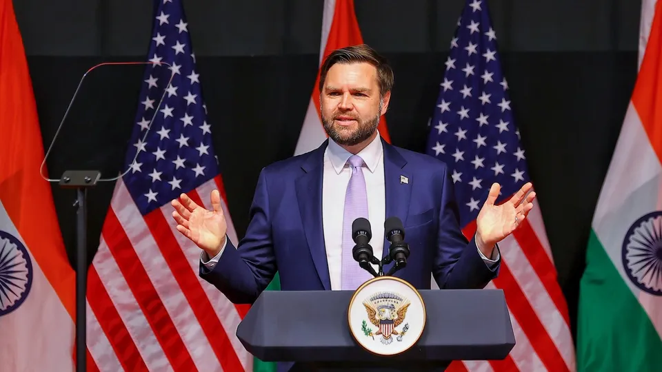 US Vice President  JD Vance addresses a gathering in Jaipur on Tuesday, April 22, 2025.