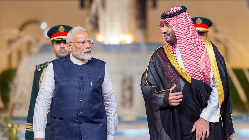 Crown Prince Mohammed bin Salman receives Prime Minister Narendra Modi at Al-Salam Palace in Jeddah on Tuesday, April 22, 2025.