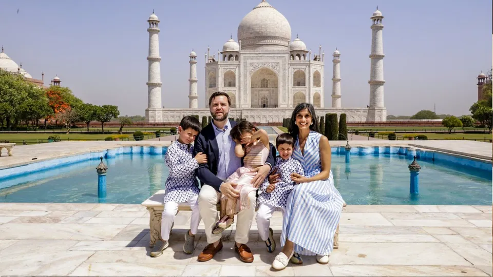 US Vice President JD Vance with wife Usha and their three children, sons Ewan and Vivek and daughter Mirabel, during a visit to the Taj Mahal, in Agra.