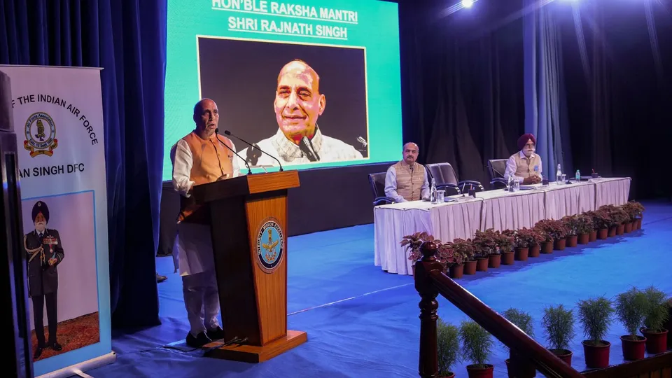 Union Defence Minister Rajnath Singh delivers a memorial lecture on Marshal of the Indian Air Force Arjan Singh, at Air Force Auditorium, Subroto Park, in New Delhi.