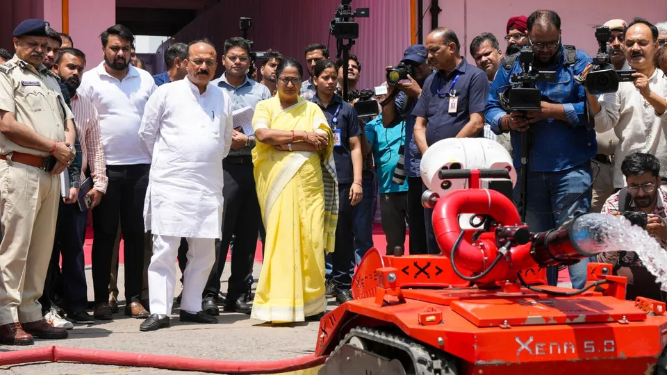 Delhi Chief Minister Rekha Gupta along with Home Minister Ashish Sood conducts an inspection at Delhi Fire Services HQ, in New Delhi.