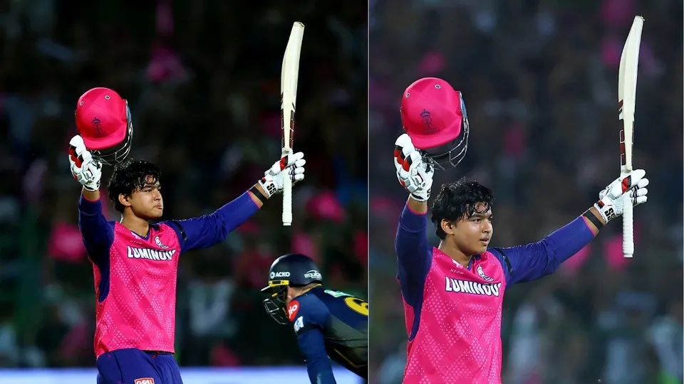 Rajasthan Royals' Vaibhav Suryavanshi celebrates his century against Gujarat Titans in Jaipur on Monday, April 28, 2025. 