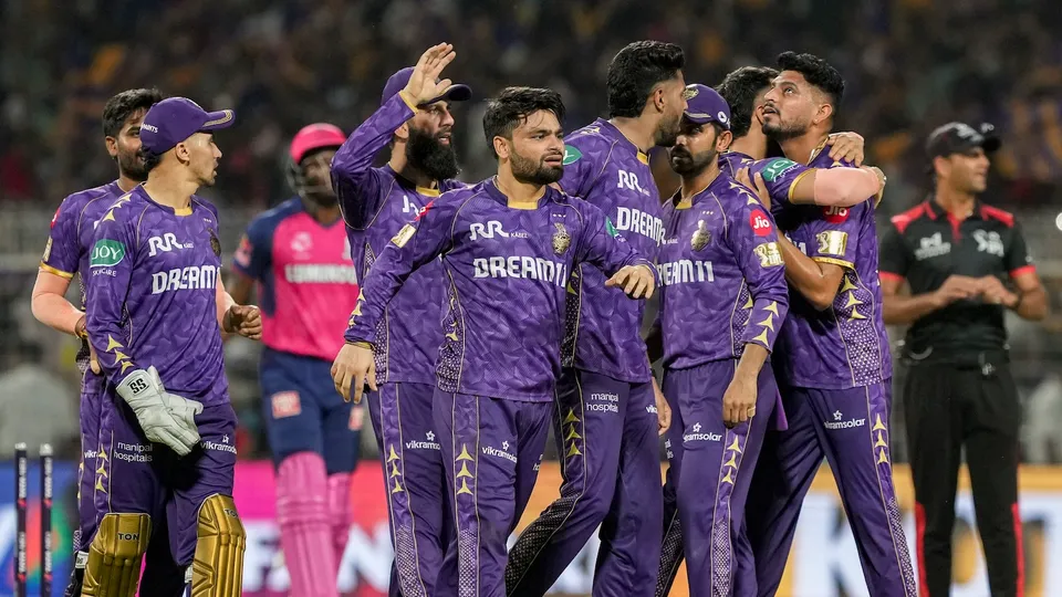 Kolkata Knight Riders' players celebrate after victory over Rajasthan Royals at the Eden Gardens in Kolkata on Sunday, May 4, 2025.