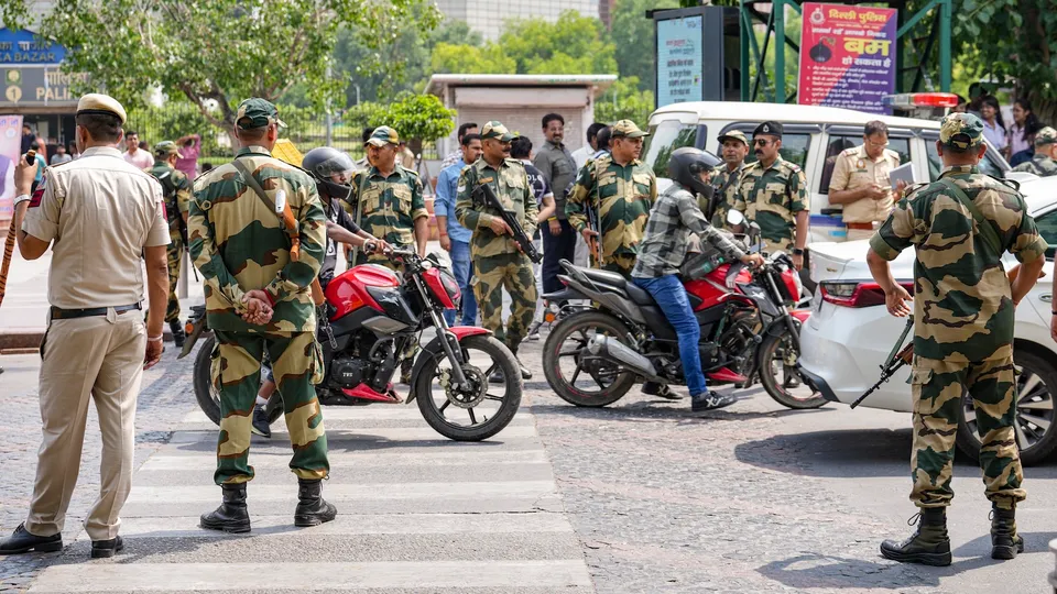 Security personnel deployed at Connaught Place, a day before the nationwide mock drills ordered by the Ministry of Home Affairs in New Delhi on Tuesday, May 6, 2025.