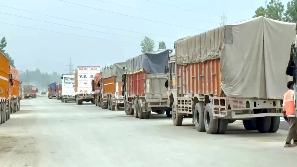 Vehicles stranded on the Jammu-Srinagar highway, which is closed due to mudslide at Chamba Seri in Ramban on Thursday, May 8, 2025.