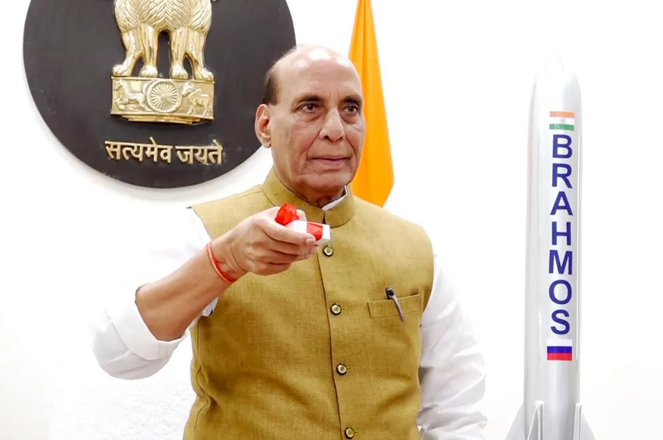 Defence Minister Rajnath Singh virtually attends the inauguration of BrahMos Aerospace Integration and Testing Facility, in New Delhi.