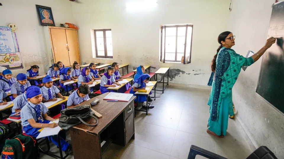 Students attend classes after schools reopened following a bilateral understanding between India and Pakistan, near Attari border, in Amritsar district, Punjab.