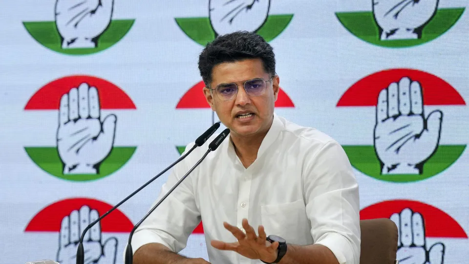 Congress leader Sachin Pilot addresses a press conference, in New Delhi.