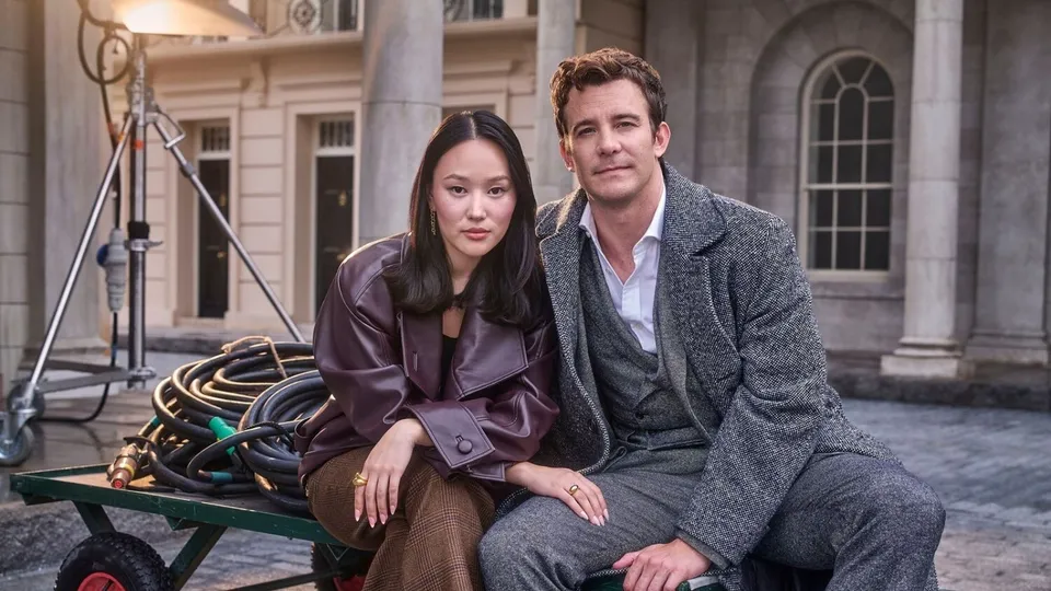 Yerin Ha and Luke Thompson pose together ahead of the upcoming season of Bridgerton.