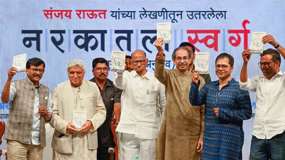Shiv Sena (UBT) chief Uddhav Thackeray, party leader Sanjay Raut, NCP (SP) chief Sharad Pawar, TMC MP Saket Gokhale, Screenwriter and lyricist Javed Akhtar and others during the release of a book titled �Narakatala Swarg� by Raut, at Ravindra Natya Mandir, Prabhadevi, in Mumbai.