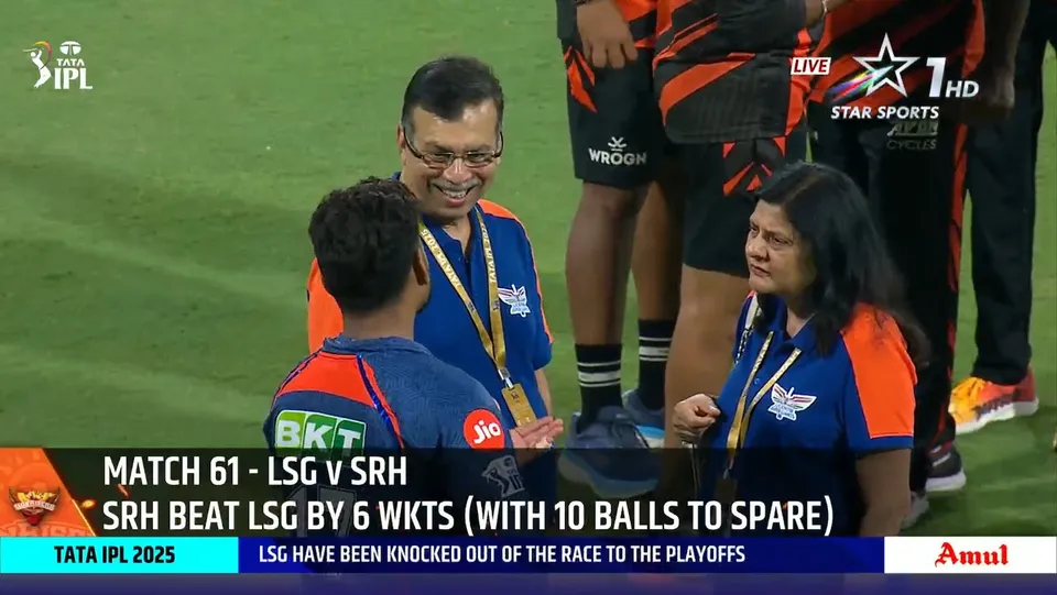 Rishabh Pant with Lucknow Super Giants owner Sanjeev Goenka in Lucknow on May 19, 2025.