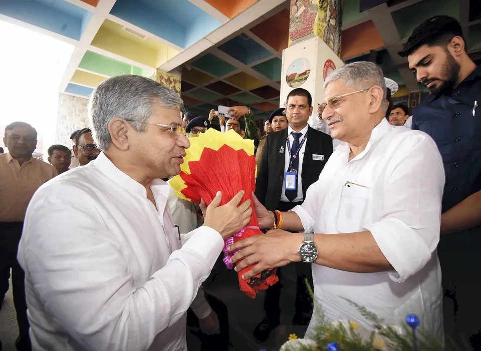 Rajiv Ranjan Singh Lalan greets Ashwini Vaishnaw at Jamalpur railway workshop