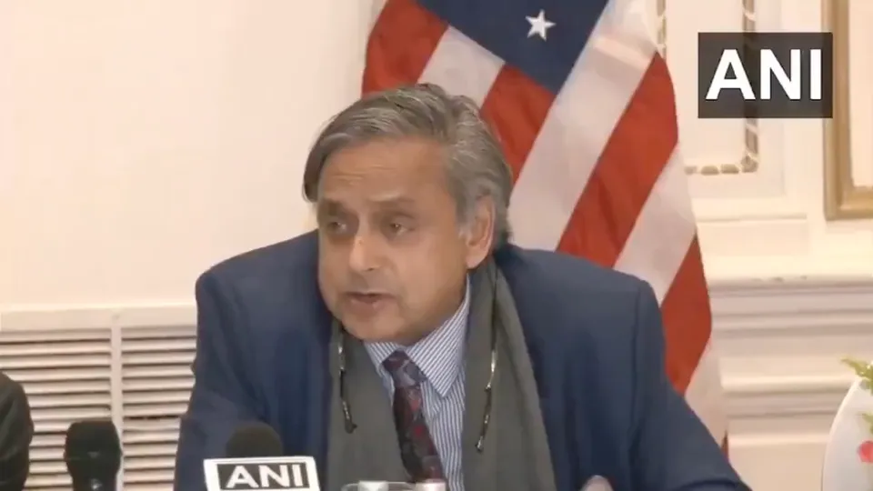 Shashi Tharoor addresses a press conference in New York on Saturday, May 24, 2025.