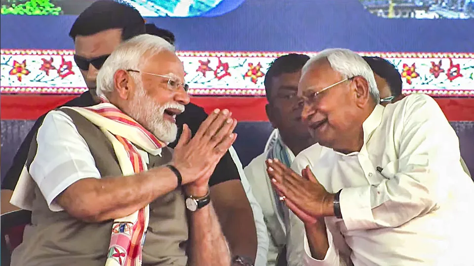 Prime Minister Narendra Modi and Bihar Chief Minister Nitish Kumar during a public meeting, in Rohtas district, Bihar. 