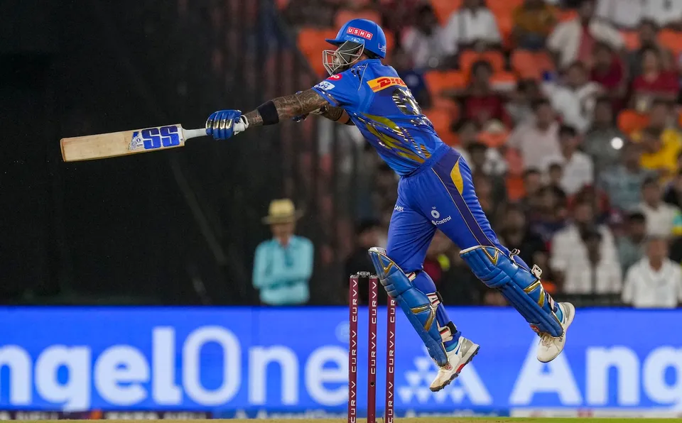 Mumbai Indians' Suryakumar Yadav plays a shot against Punjab Kings in Ahmedabad on Sunday, June 1, 2025. 