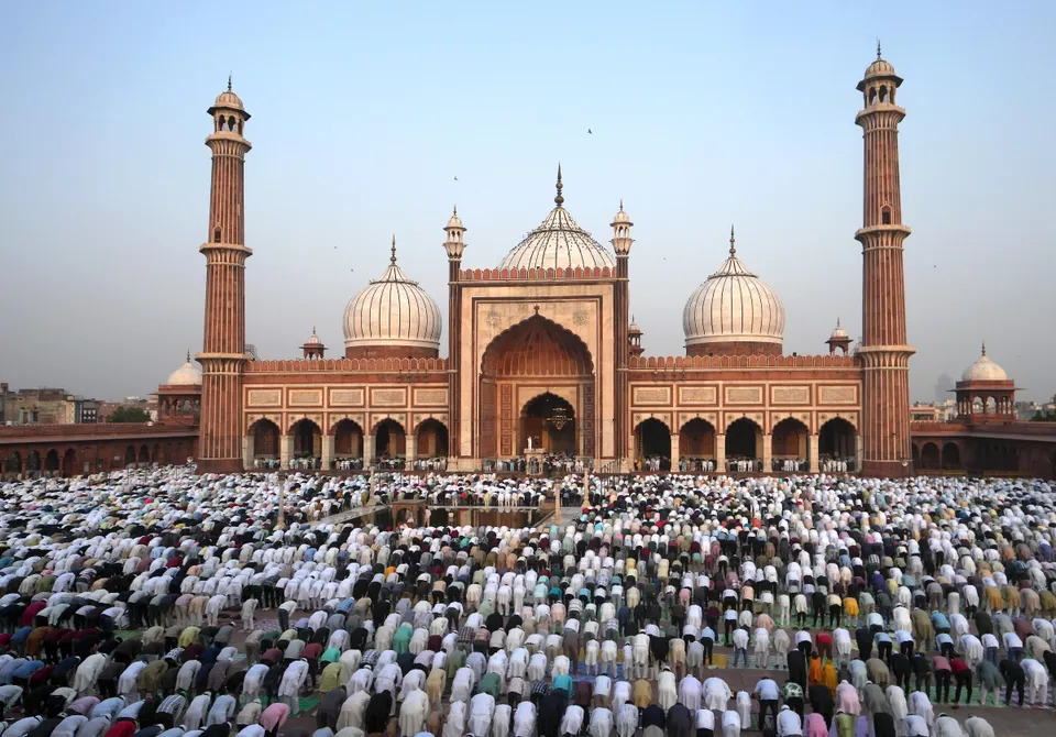 People offer  namaz  on the occasion of  Eid-ul-Azha  festival, at Jama Masjid, in New Delhi.