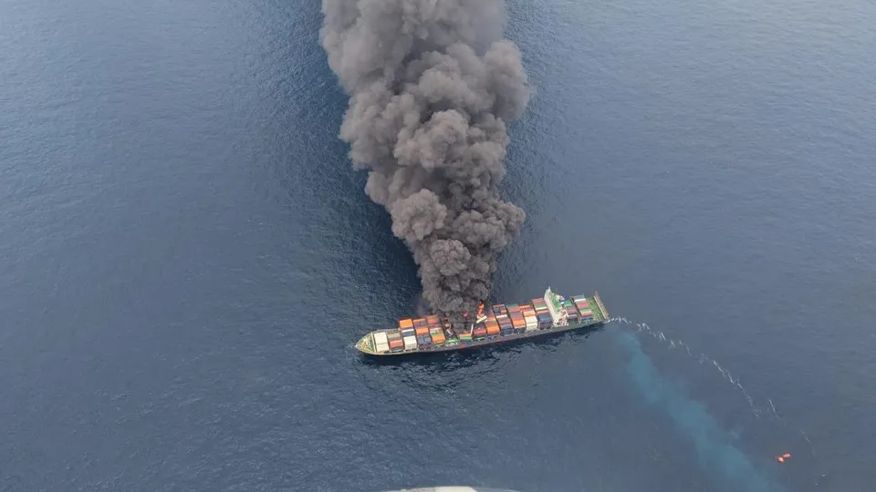 Fire onboard Singapore-flagged container vessel MV Wan Hai 503 , 78 NM off Beypore, Kochi, on Monday, June 9, 2025.