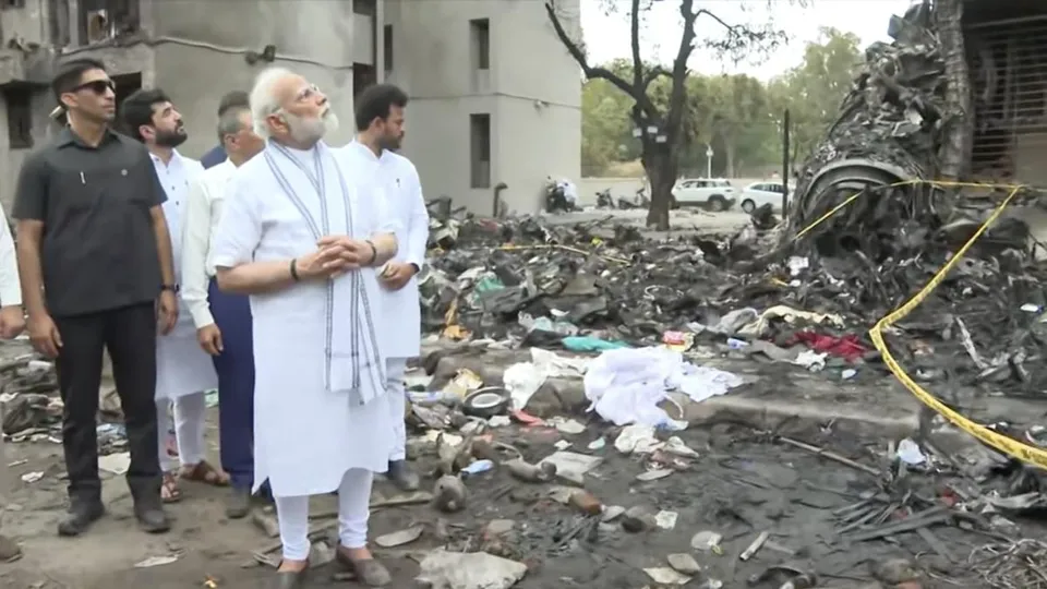 Prime Minister Narendra Modi visits the Air India Flight AI171 crash site to review the situation on the ground on Friday, June 13, 2025.