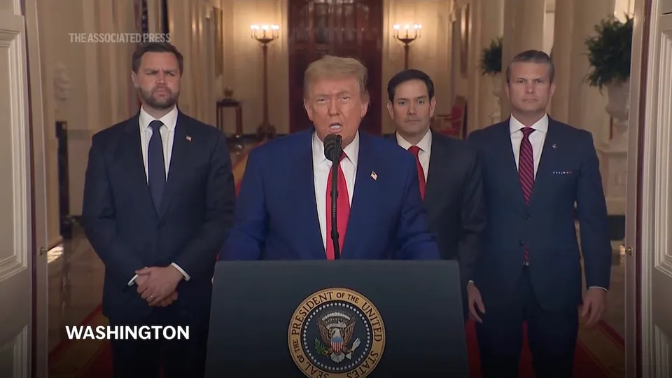 Donald Trump addresses the nation after US strikes on Iran on Saturday at the White House, Washington.