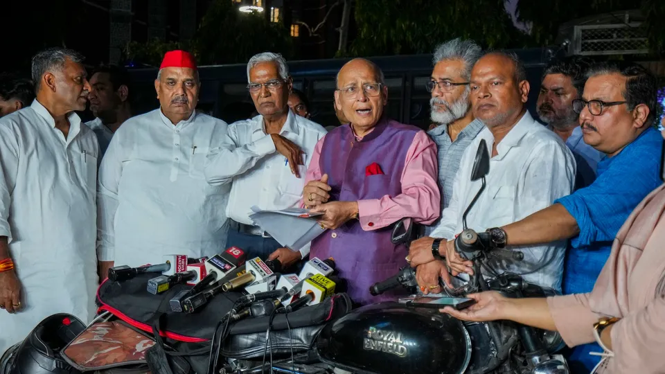 Congress MP Abhishek Manu Singhvi with Bihar party President Rajesh Ram, CPI (ML) Liberation General Secretary Dipankar Bhattacharya, RJD leader Manoj Jha and other INDIA bloc leaders addresses the media after meeting the Election Commission, outside Nirvachan Sadan, in New Delhi, Wednesday, July 2, 2025.
