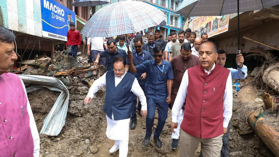 BJP National President and Union Health Minister JP Nadda with Leader of Opposition in Himachal Pradesh Assembly Jairam Thakur during a visit to disaster-affected areas in Mandi district on Wednesday, July 9, 2025.