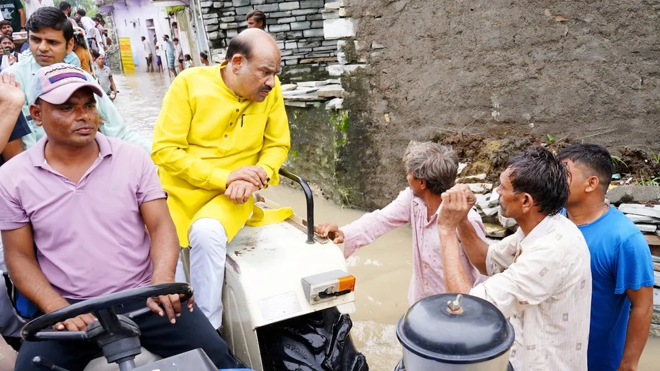 Om Birla inspects the rain-affected areas of the waterlogged Kudayla village in Kota on Thursday, July 17, 2025.