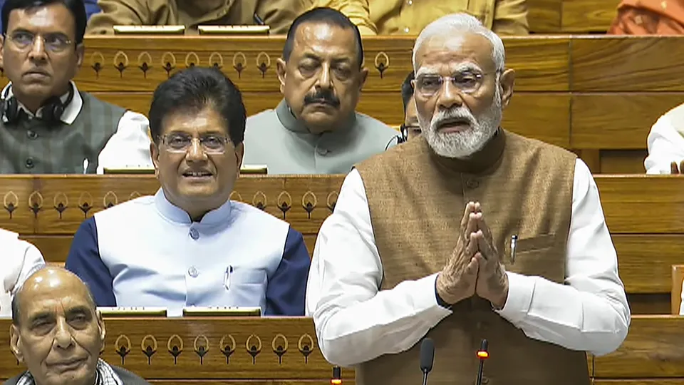 Narendra Modi speaks during a debate in the Lok Sabha on the Pahalgam terror attack and Operation Sindoor, at the Monsoon session of Parliament, in New Delhi, Tuesday, July 29, 2025.