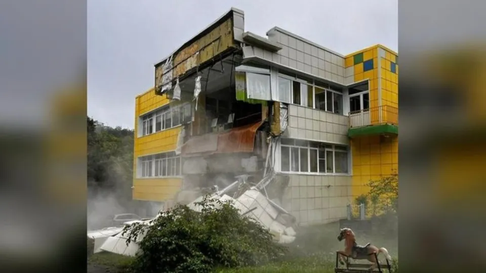 First images of a kindergarten in Russia after walls collapsed from earthquake on Wednesday, July 30, 2025.