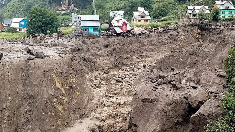 Houses are damaged after a cloudburst, in Kishtwar district, Jammu and Kashmir, Thursday, Aug. 14, 2025.