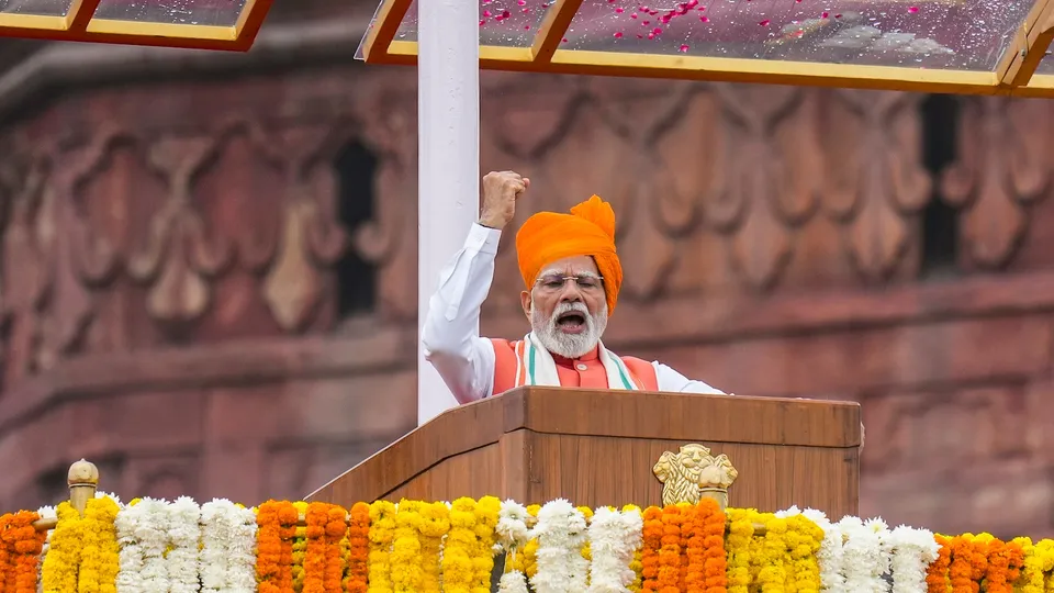 Prime Minister Narendra Modi addresses the nation from the Red Fort on the occasion of the 79th Independence Day, in New Delhi, Friday, Aug. 15, 2025.