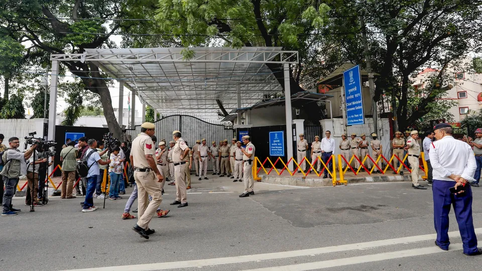 Police personnel outside Delhi CM Rekha Gupta's residence