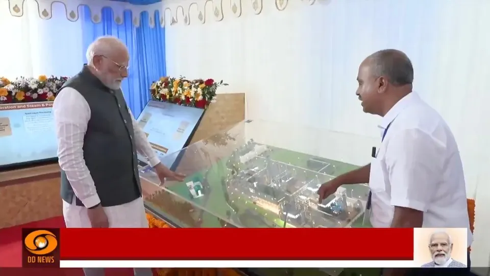 Narendra Modi takes a detailed briefing from officials on the technical aspects and future prospects of the Assam Bio-Ethanol Project and the Polypropylene Plant at Numaligarh in Golaghat on Sunday, Sept 14, 2025.