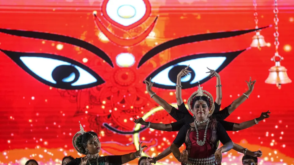 Dona Ganguly, Odissi dancer and wife of former cricketer Sourav Ganguly, performs during the 'Rupam Dehi, Jayam Dehi' ahead of the 'Durga Puja' festival, at Victoria Memorial Hall, in Kolkata, Monday, Sept. 22, 2025.