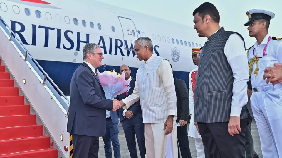 UK PM Keir Starmer reaches Mumbai on this first visit to India. Governor of Maharashtra and Gujarat Acharya Devvrat, Maharashtra chief minister Devendra Fadnavis and others receive him at the airport on Wednesday, October 8, 2025.