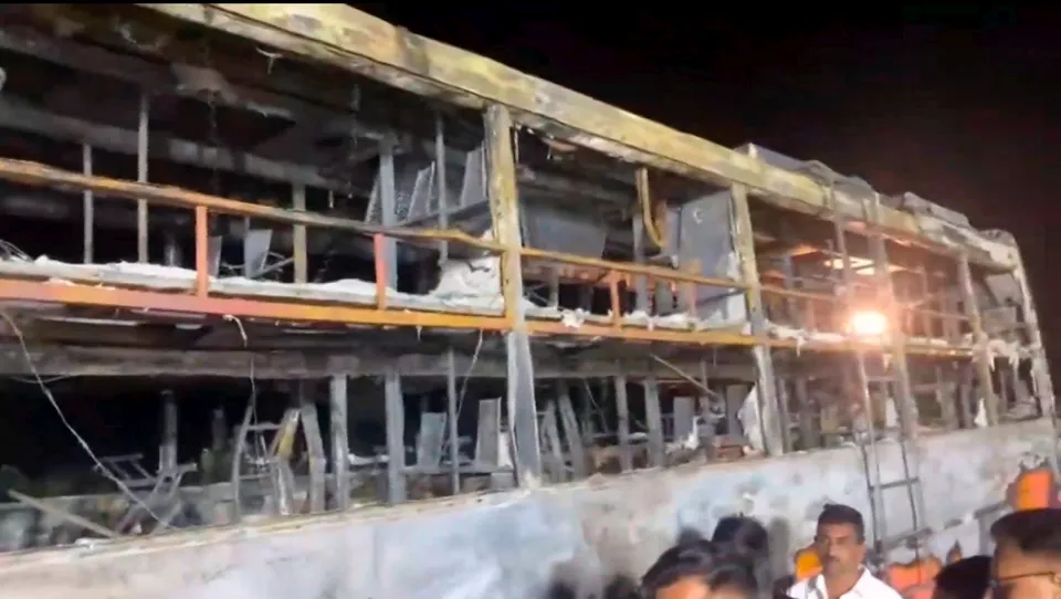 Remains of a bus that caught fire on Jaisalmer-Jodhpur highway, near Thaiyat village in Jaisalmer district, Rajasthan, Tuesday, Oct. 14, 2025.